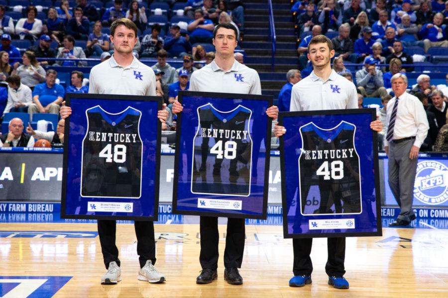 Kentucky+senior+managers+Barrett+Bouska%2C+Kevin+Gallagher+and+Will+Evans+are+recognized+during+the+senior+night+festivities+before+the+game+against+Tennessee+on+Tuesday%2C+March+3%2C+2020%2C+at+Rupp+Arena+in+Lexington%2C+Kentucky.+Tennessee+won+81-73.+Photo+by+Jordan+Prather+%7C+Staff