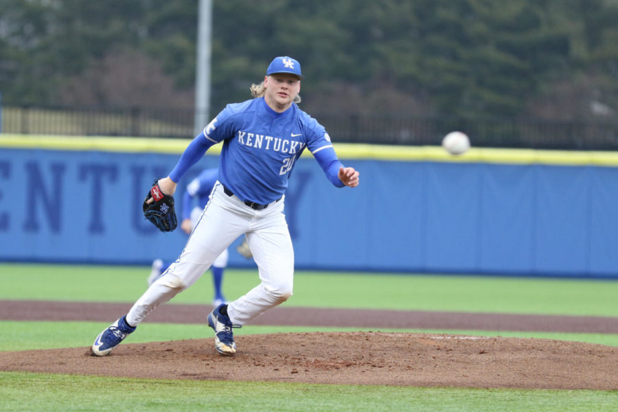 Sophomore pitcher Braxton Cottongame runs after a foul ball during the game against Southeastern Missouri State on Tuesday, February 18, 2020 in Lexington, Ky. Photo by Chase Phillips | Staff