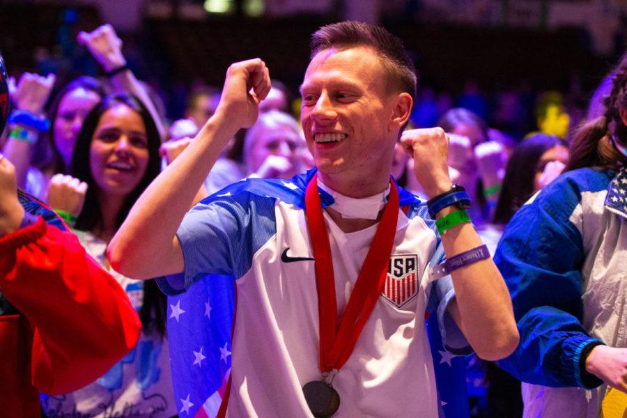 Jacob Eads participate in a line dance during the 24 hour DanceBlue marathon at 2:02 a.m. on Sunday, March 1, 2020, at Memorial Coliseum in Lexington, Kentucky. Photo by Jordan Prather | Staff