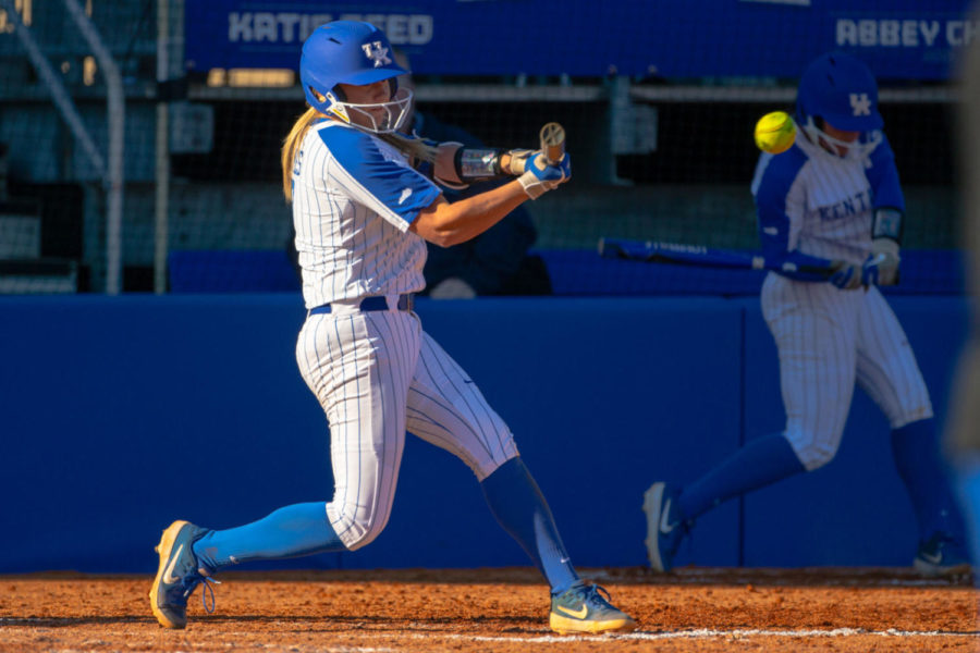 Kentucky senior Autumn Humes gets a hit during the home opener against Texas A&M on Saturday, March 7, 2020, at John Cropp Stadium in Lexington, Kentucky. Kentucky won 11-9. Photo by Jordan Prather | Staff