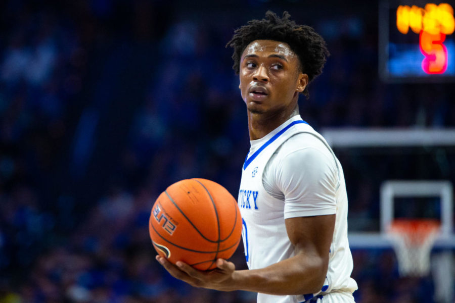 Kentucky sophomore guard Ashton Hagans holds the ball during the game against Tennessee on Tuesday, March 3, 2020, at Rupp Arena in Lexington, Kentucky. Tennessee won 81-73. Photo by Jordan Prather | Staff