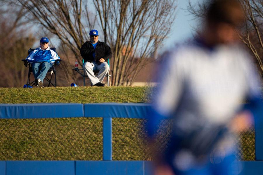 Fans watch from the outfield during the game against Marshall on Wednesday, March 11, 2020, at John Cropp Stadium in Lexington, Kentucky. Kentucky won 16-15. Photo by Jordan Prather | Staff