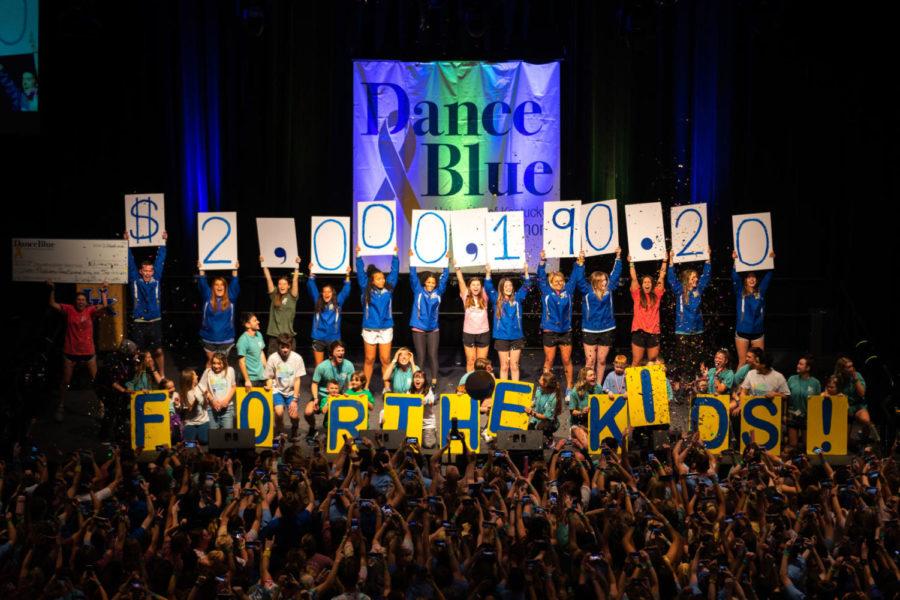 Dance Blue chairs reveal that Dance Blue raised $2,000,190.20 during the 2020 Dance Blue Marathon on Sunday, March 1, 2020, at the Memorial Coliseum in Lexington, Kentucky. Photo by Michael Clubb | Staff