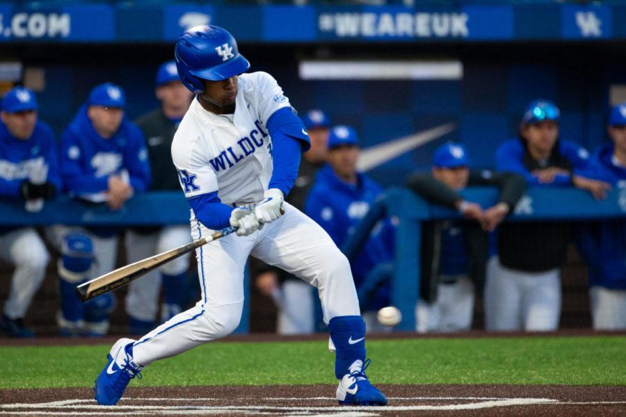 Kentucky senior Jaren Shelby swings at a pitch during the game against Norfolk State University on Saturday, March 7, 2020, at Kentucky Proud Park in Lexington, Kentucky. Kentucky won 11-1. Photo by | Staff