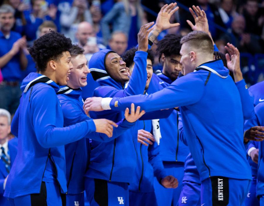 Kentucky+graduate+student+forward+Nate+Sestina+is+swarmed+in+high+fives+by+his+teammates+during+the+senior+night+ceremony+before+the+University+of+Kentucky+vs.+Tennessee+mens+basketball+game+on+Tuesday%2C+March+3%2C+2020%2C+at+Rupp+Arena+in+Lexington%2C+Kentucky.+UK+lost+81-73.+Photo+by+Michael+Clubb+%7C+Staff