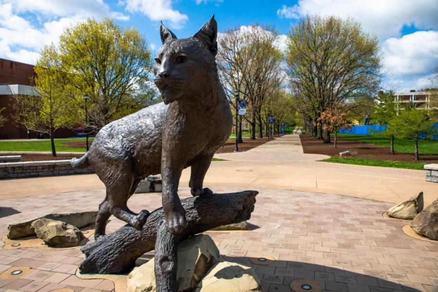 The long sidewalk behind the Bowman statue is free of pedestrians on Friday, April 10, 2020, at the University of Kentucky in Lexington, Kentucky. Photo by Jordan Prather | Staff