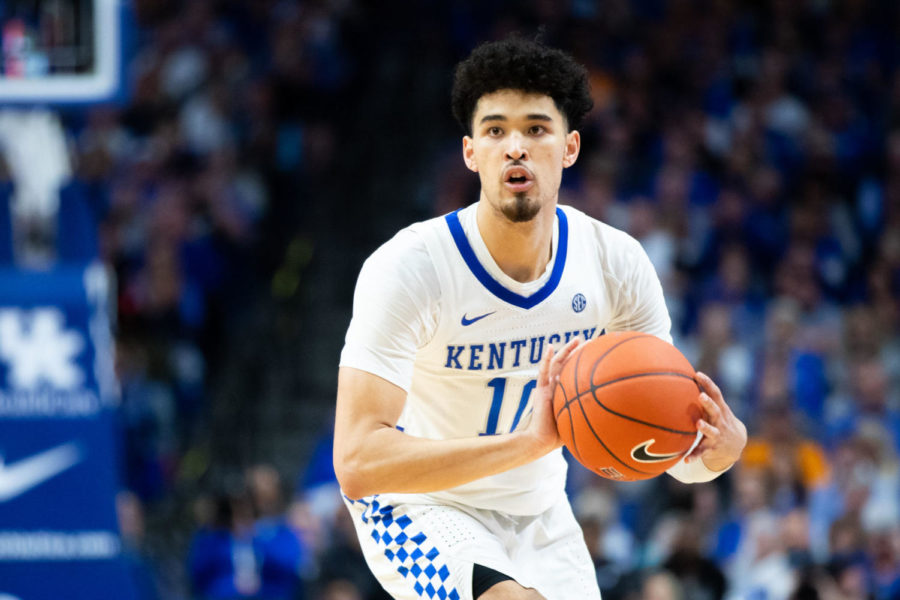 Kentucky freshman guard Johnny Juzang passes the ball during the University of Kentucky vs. Tennessee mens basketball game on Tuesday, March 3, 2020, at Rupp Arena in Lexington, Kentucky. UK lost 81-73. Photo by Michael Clubb | Staff