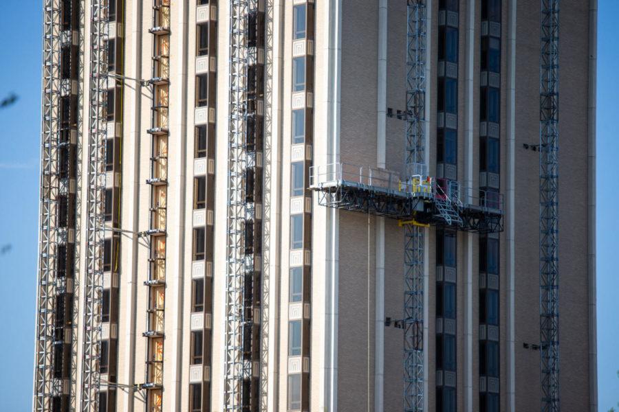 Scaffolding lines the Kirwan and Blanding towers that are in the process of being demolished on Monday, April 6, 2020, at the University of Kentucky in Lexington, Kentucky. Photo by Jordan Prather | Staff