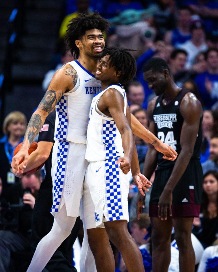 Kentucky junior forward Nick Richards and freshman guard Tyrese Maxey chest bump during the game against Mississippi State on Tuesday, Feb. 4, 2020, at Rupp Arena in Lexington, Kentucky. Kentucky won 80-72. Photo by Jordan Prather | Staff