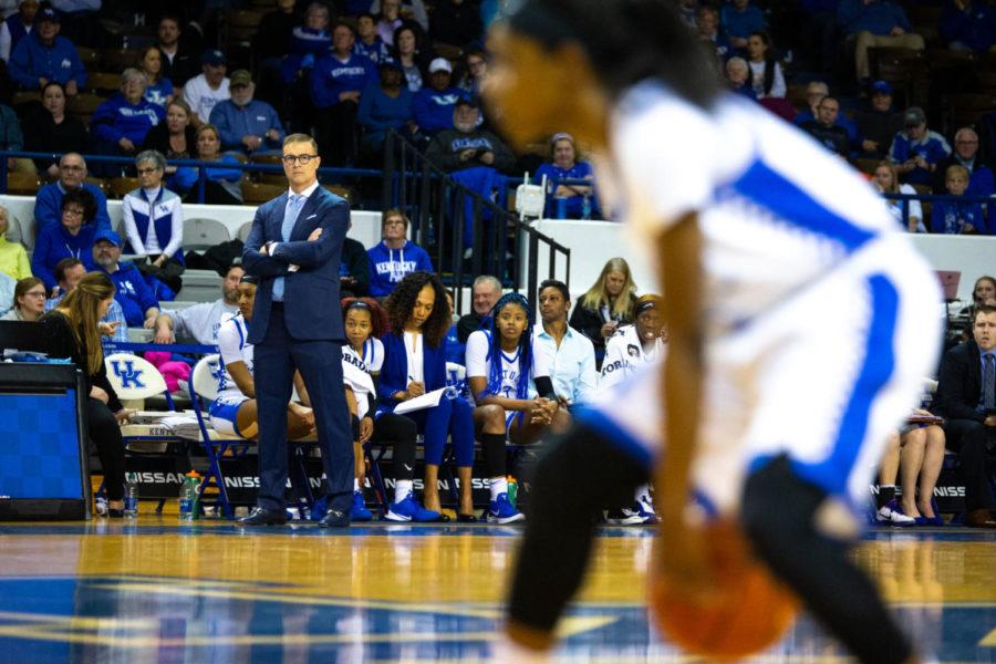 Kentucky head coach Matthew Mitchell watches from the sideline during the game against Georgia on Thursday, Feb. 27, 2020, at Memorial Coliseum in Lexington, Kentucky. Kentucky won 88-77. Photo by Jordan Prather | Staff