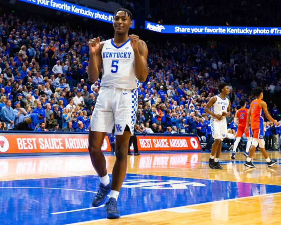 Kentucky sophomore guard Immanuel Quickley celebrates after he makes the free throws that ended the game against Florida on Saturday, Feb. 22, 2020, at Rupp Arena in Lexington, Kentucky. Kentucky won 65-59. Photo by Jordan Prather | Staff
