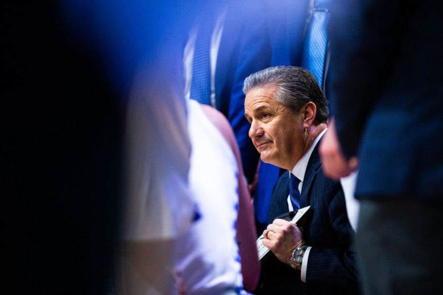 Kentucky head coach John Calipari discusses a play with his team during a timeout in the game against Florida on Saturday, Feb. 22, 2020, at Rupp Arena in Lexington, Kentucky. Kentucky won 65-59. Photo by Jordan Prather | Staff