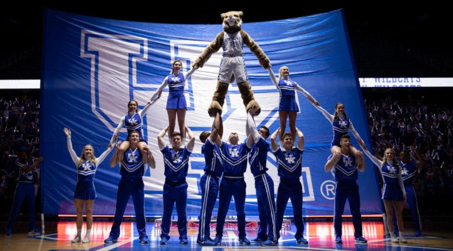 UKs cheerleading team making a pyramid during ESPN College GameDay at Rupp Arena on January 26, 2019, in Lexington, Kentucky. No. 8 Kentucky mens basketball takes on No. 9 Kansas at 6:00 PM. Photo by Michael Clubb | Staff