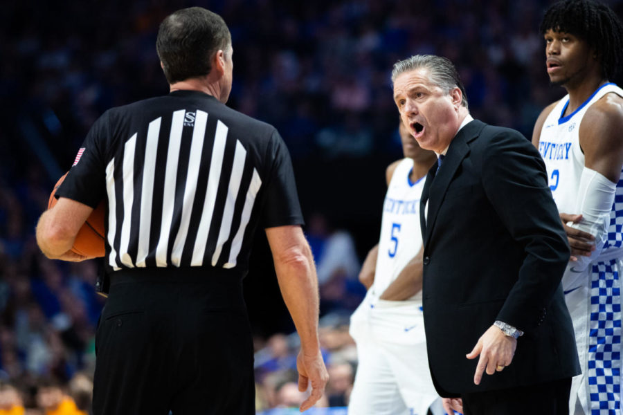 Kentucky head coach John Calipari yells at a referee during the University of Kentucky vs. Tennessee mens basketball game on Tuesday, March 3, 2020, at Rupp Arena in Lexington, Kentucky. UK lost 81-73. Photo by Michael Clubb | Staff