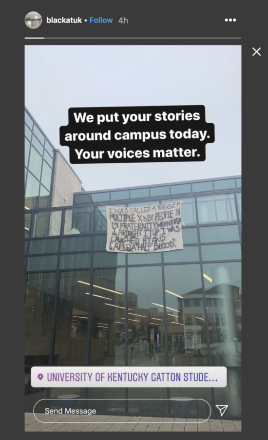 A banner posted by Movement for Black Lives on the side of the Gatton Student Center, on Saturday, August 15 on the University of Kentucky campus. Photo from @blackatuk instagram. 