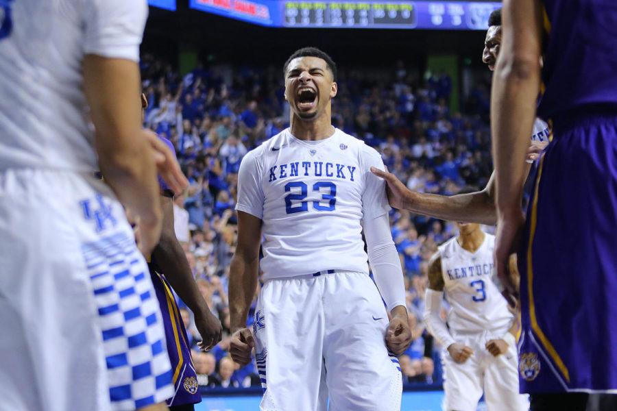 Guard+Jamal+Murray+of+the+Kentucky+Wildcats+roars+after+an+and-one+play+during+the+game+against+the+LSU+Tigers+at+Rupp+Arena+in+Lexington%2C+Ky.+on+Saturday%2C+March+5%2C+2016.+UK+defeated+LSU+94-77+to+finish+the+season+23-8.+Photo+by+Michael+Reaves+%7C+Staff.
