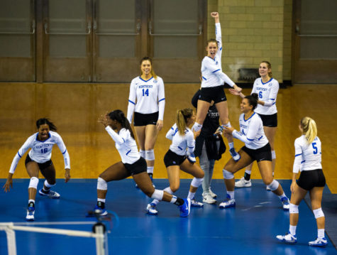 The Kentucky volleyball team celebrates a point during the second round game of the DI NCAA Volleyball Tournament against Michigan on Saturday, Dec. 7, 2019, at Memorial Coliseum in Lexington, Kentucky. Kentucky won 3-0. Photo by Jordan Prather | Staff