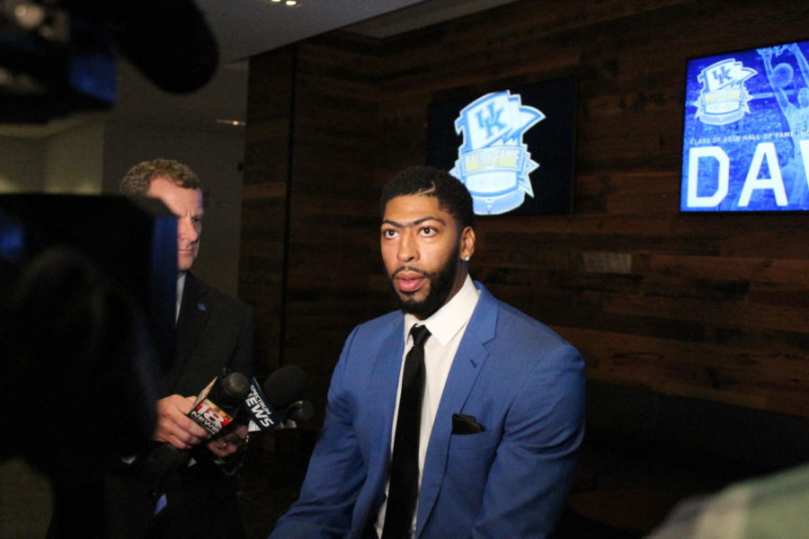 Anthony Davis answers questions at his induction to the University of Kentuckys Hall Of Fame. The event took place on Sept. 21, 2018 in Kroger Fields Woodford Reserve Room.