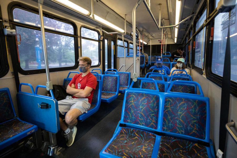 UK students ride the Blue Route bus on Friday, Aug. 28, 2020, at the University of Kentucky in Lexington, Kentucky. Photo by Michael Clubb | Staff