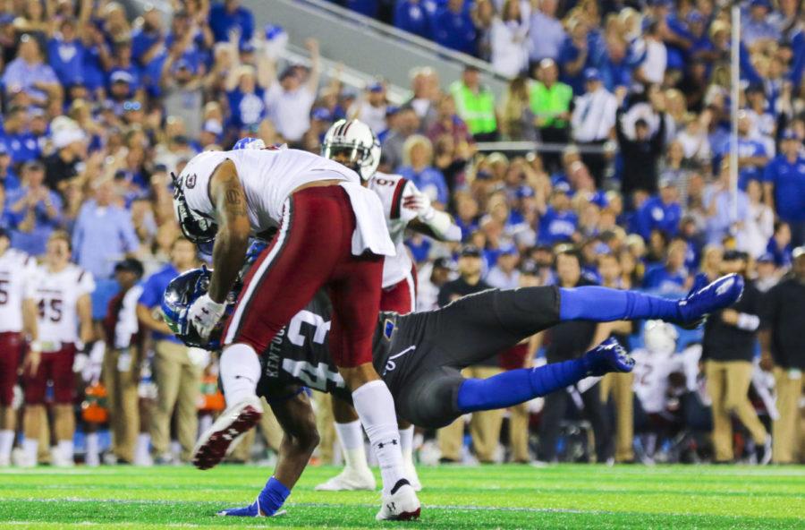 Kentucky Wildcats linebacker DeAndre Square fights for the ball during the game against South Carolina at Kroger Field on Saturday September 29, 2018 in Lexington, Kentucky. Kentucky won 24-10. Photo by Olivia Beach | Staff