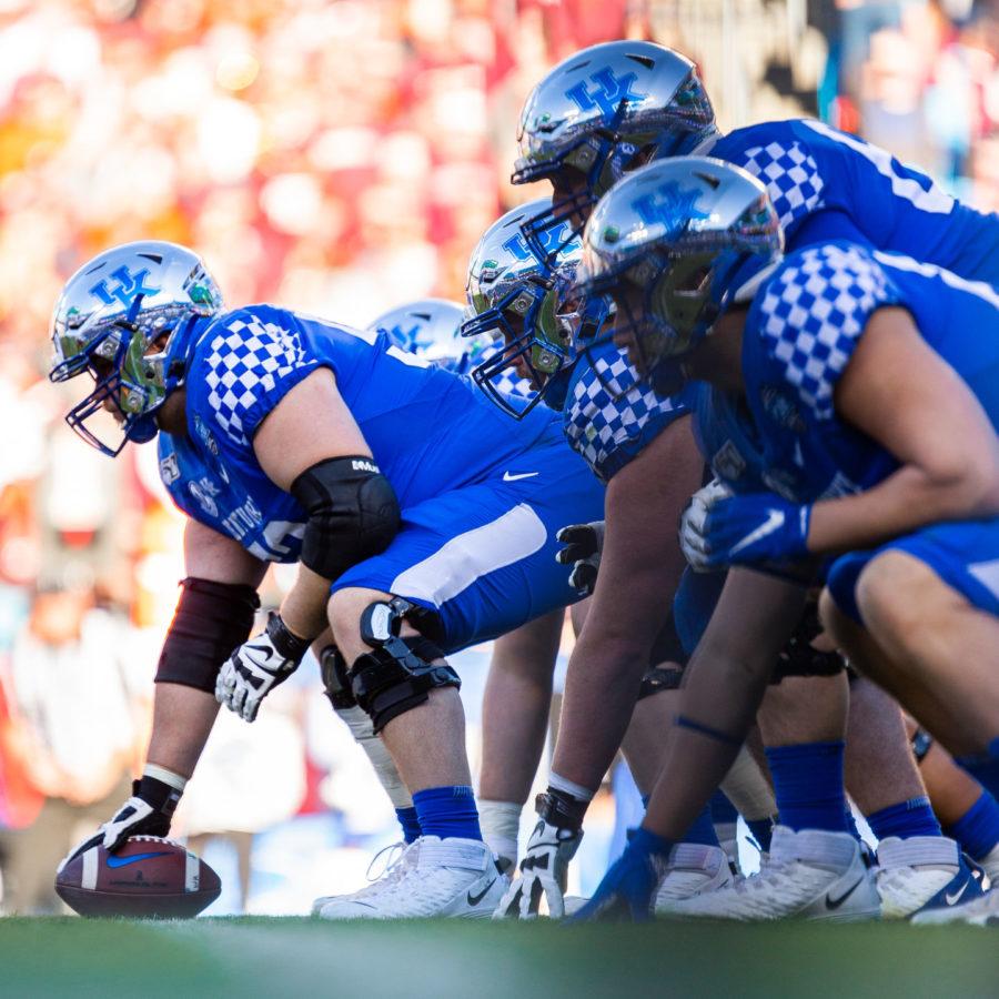 The Kentucky offense gets in formation during the Belk Bowl against Virginia Tech on Tuesday, Dec. 31, 2019, at Bank of America Stadium in Charlotte, North Carolina. Kentucky won 37-30. Photo by Jordan Prather | Staff