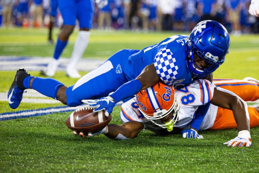 Kentucky defensive back Brandin Echols fights for the football during the game against Florida on Saturday, Sept. 14, 2019, at Kroger Field in Lexington, Kentucky. Kentucky lost 29-21. Photo by Jordan Prather | Staff