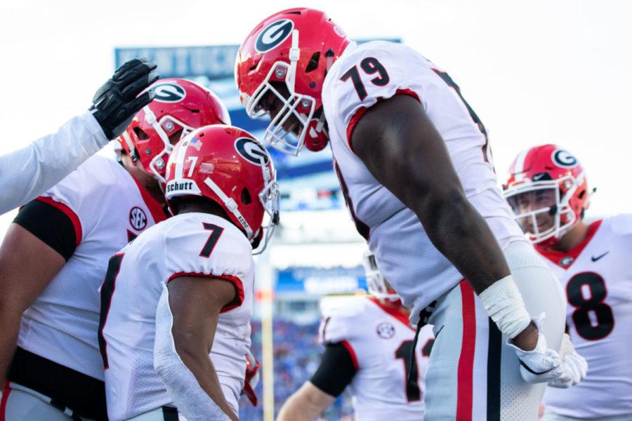The+Georgia+Bulldogs+celebrate+a+touchdown+during+the+game+against+Kentucky+on+Saturday%2C+Nov.+3%2C+2018%2C+at+Kroger+Field+in+Lexington%2C+Kentucky.+Photo+by+Jordan+Prather+%7C+Staff