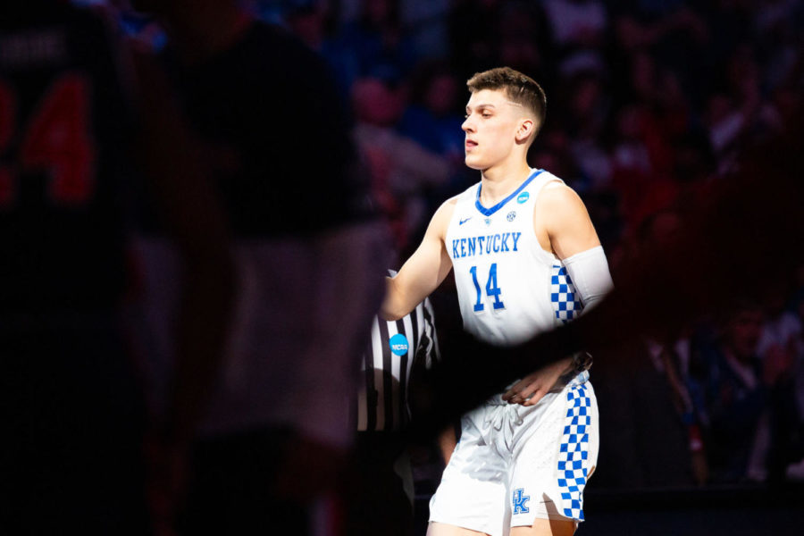Kentucky freshman guard Tyler Herro is introduced before the game against Auburn in the NCAA tournament Elite Eight on Sunday, March 31, 2019, at the Sprint Center in Kansas City, Missouri. Kentucky was defeated by Auburn 77-71. Photo by Jordan Prather | Staff