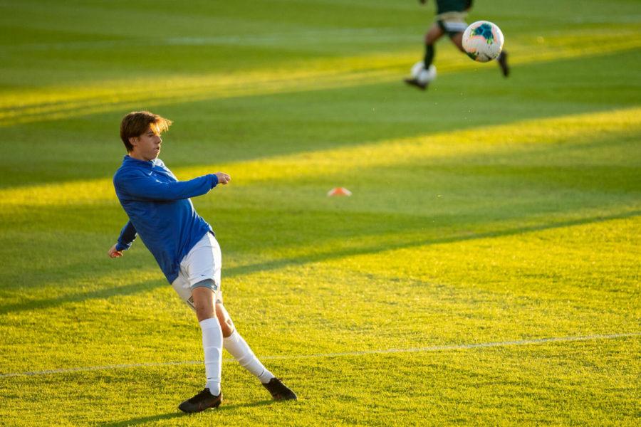 UK freshman midfielder Enzo Mauriz warms up before the University of Kentucky vs. University of Alabama at Birmingham men's soccer game on Saturday, Oct. 17, 2020, at the Wendell and Vickie Bell Soccer Complex in Lexington, Kentucky. UK won 2-0. Photo by Michael Clubb | Staff.