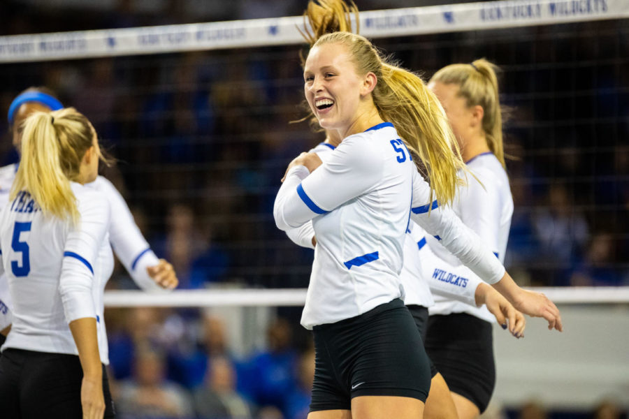 Kentucky sophomore Alli Stumler celebrates after a UK point during the UK vs Southeast Missouri State NCAA tournament volleyball game on Friday, Dec. 6, 2019, at Memorial Coliseum in Lexington, Kentucky. UK won 3-0 Photo by Michael Clubb | Staff