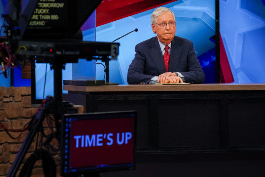 Mitch McConnell listens during the debate between Senate Majority Leader Mitch McConnell, R-Ky., and Democratic opponent Amy McGrath on Monday, Oct. 12, 2020, at the WKYT studio in Lexington, Kentucky. Photo by Michael Clubb | Staff