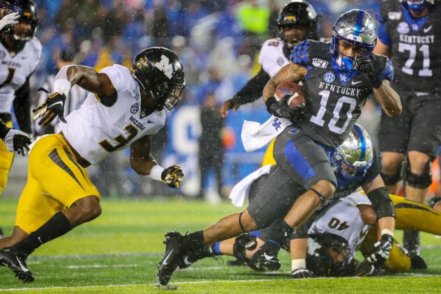 Kentucky Wildcats running back AJ Rose (10) avoids a tackle during the University of Kentucky vs. University of Missouri football game on Saturday, Oct. 26, 2019, at Kroger Field in Lexington, Kentucky. Kentucky won 29-7. Photo by Michael Clubb | Staff