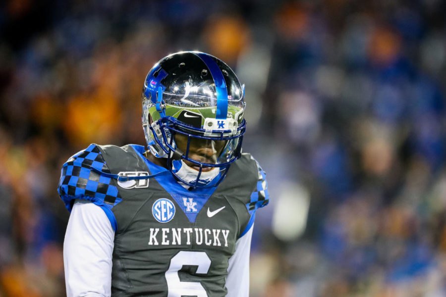 Kentucky Wildcats wide receiver Josh Ali (6) walks off the field during the Kentucky vs. Tennessee football game on Saturday, Nov. 9, 2019, at Kroger Field in Lexington, Kentucky. UK lost 17-13. Photo by Michael Clubb | Staff