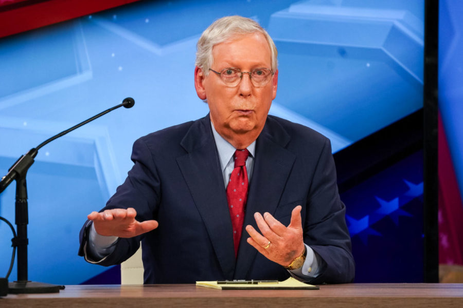 Mitch McConnell speaks during the debate between Senate Majority Leader Mitch McConnell, R-Ky., and Democratic opponent Amy McGrath on Monday, Oct. 12, 2020, at the WKYT studio in Lexington, Kentucky. Photo by Michael Clubb | Staff