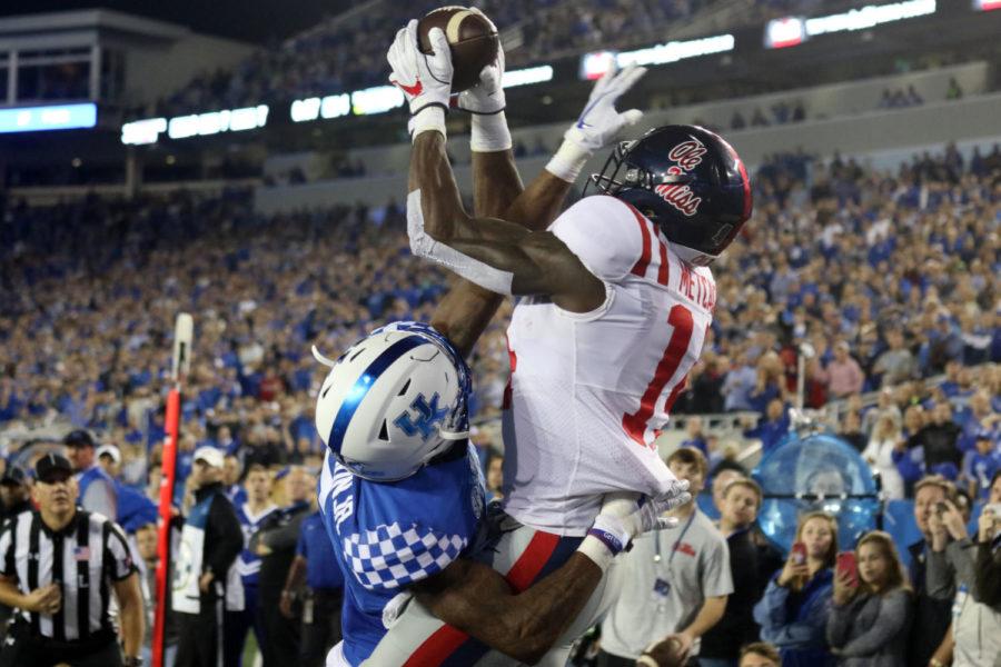 Ole Miss wide receiver D.K. Metcalf catches the game-winning touchdown pass during the game against Ole Miss on Saturday, November 4, 2017 in Lexington, Ky.