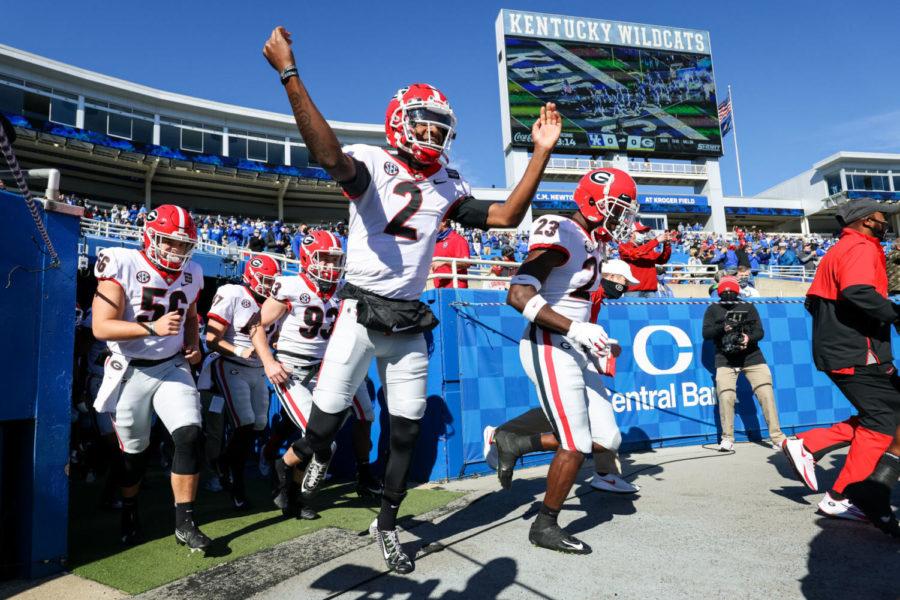 Georgia runs out onto the field before the University of Kentucky vs. University of Georgia football game on Saturday, Oct. 31, 2020, at Kroger Field in Lexington, Kentucky. UK lost 14-3. Photo by Michael Clubb | Staff