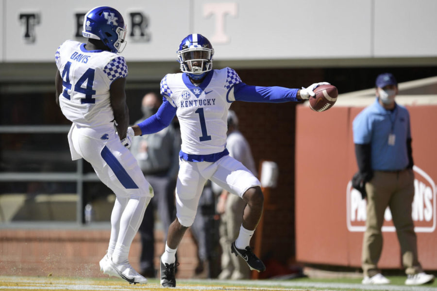 Kentucky%E2%80%99s+defensive+back+Kelvin+Joseph+%281%29+celebrates+a+touch+down%2C+during+the+second+quarter+of+a+game+between+Tennessee+and+Kentucky+at+Neyland+Stadium+in+Knoxville%2C+Tenn.+on+Saturday%2C+Oct.+17%2C+2020.