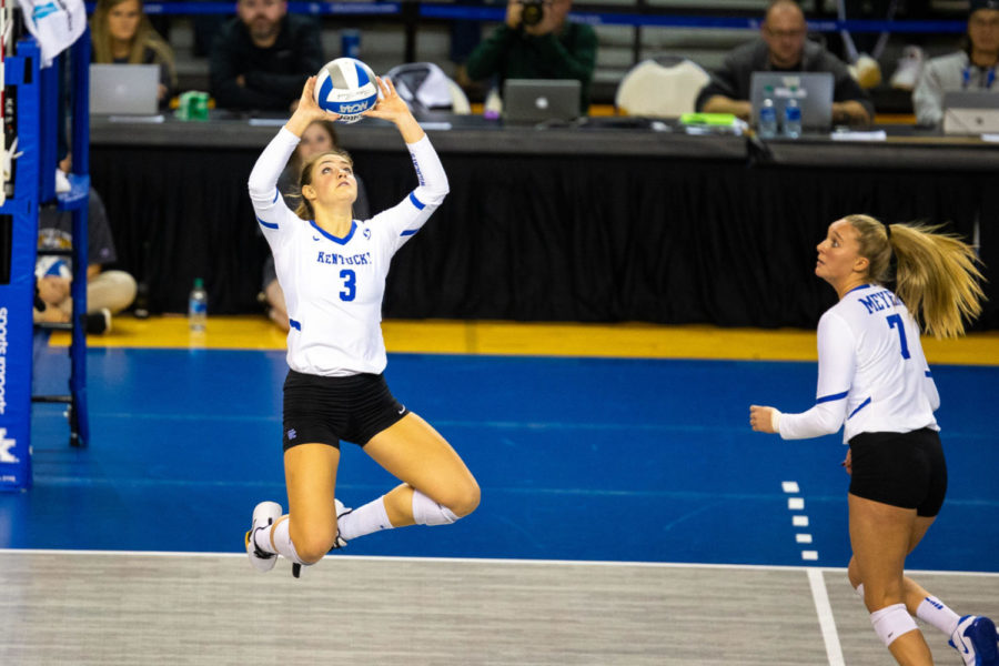 Kentucky junior Madison Lilley sets the ball during the second round game of the DI NCAA Volleyball Tournament against Michigan on Saturday, Dec. 7, 2019, at Memorial Coliseum in Lexington, Kentucky. Kentucky won 3-0. Photo by Jordan Prather | Staff