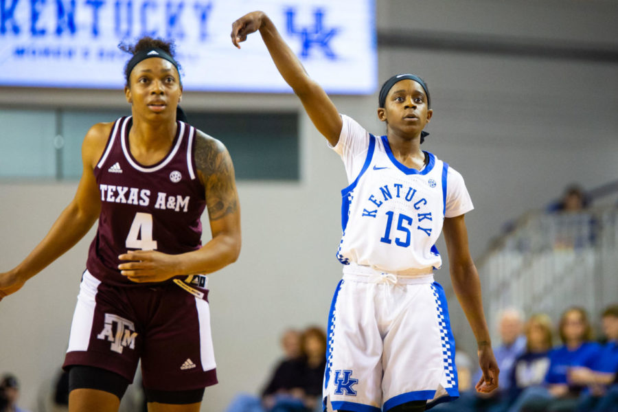 Kentucky junior guard Chasity Patterson holds her finish on a three pointer during the game against Texas A&M on Thursday, Jan. 16, 2020, at Memorial Coliseum in Lexington, Kentucky. Kentucky won 76-54. Photo by Jordan Prather | Staff