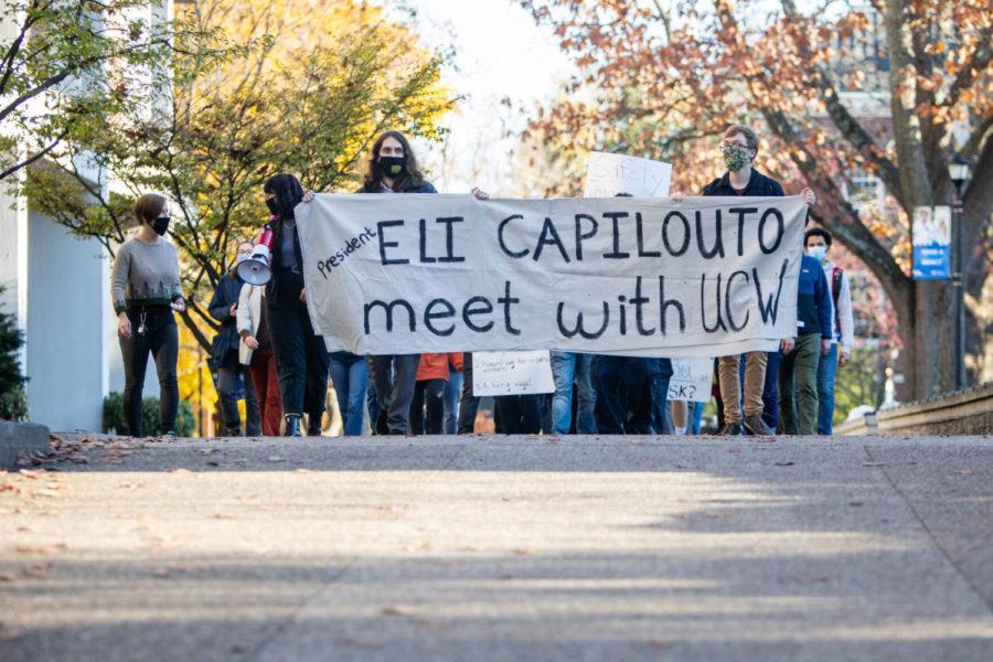 UCW demonstrators march through campus on Thursday, Nov. 12, 2020, at the University of Kentucky in Lexington, Kentucky. Photo by Jack Weaver | Staff