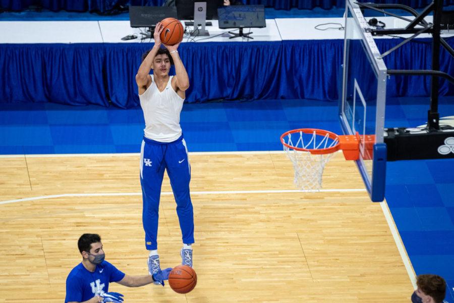 Kentucky Wildcats forward Lance Ware (55) warms up before the Kentucky vs. Morehead State mens basketball game on Wednesday, Nov. 25, 2020, at Rupp Arena in Lexington, Kentucky. Kentucky won 81-45. Photo by Michael Clubb | Staff