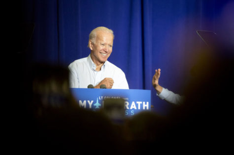 Former Vice President Joe Biden speaks to Amy McGrath supporters during the rally on Friday, Oct. 12, 2018, at Bath County High School in Owingsville, Kentucky. Photo by Arden Barnes | Staff