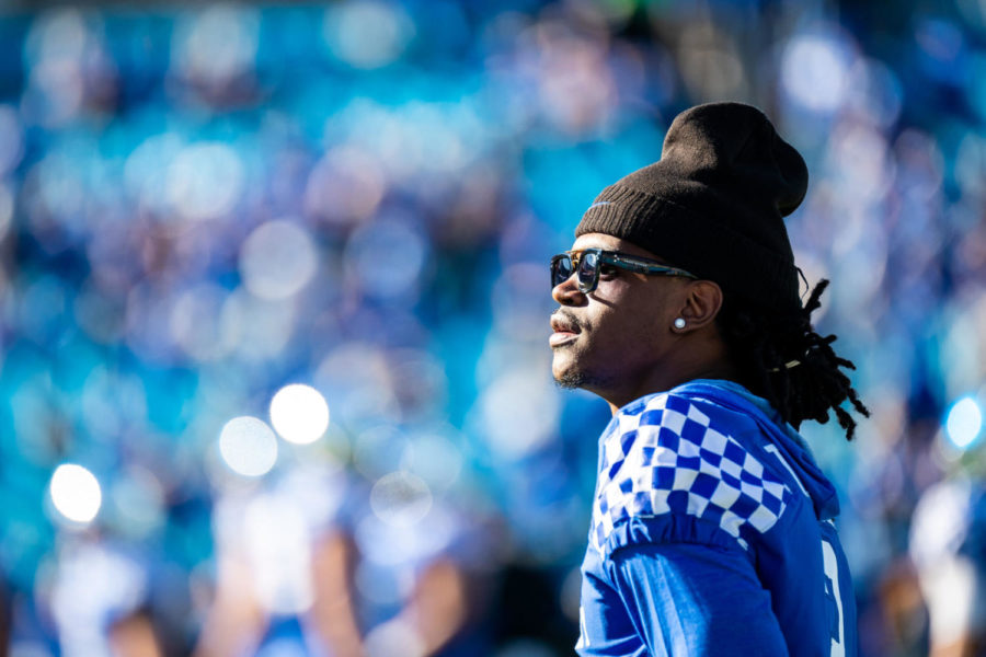 Kentucky Wildcats quarterback Terry Wilson (3) walks the field before the Belk Bowl football game between Kentucky and Virginia Tech on Tuesday, Dec. 31, 2019, at Bank of America Stadium in Charlotte, North Carolina. UK won 37-30. Photo by Michael Clubb | Staff