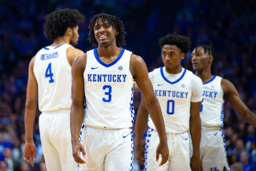 Kentucky freshman guard Tyrese Maxey walks away from the huddle during the game against Tennessee on Tuesday, March 3, 2020, at Rupp Arena in Lexington, Kentucky. Tennessee won 81-73. Photo by Jordan Prather | Staff