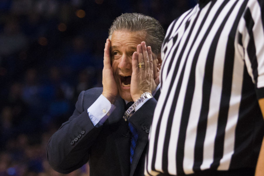 Kentucky head coach John Calipari yells at the Cats during the game against Eastern Tennessee State University on Friday, November 17, 2017 in Lexington, Kentucky. Kentucky won 78-61. Photo by Arden Barnes | Staff