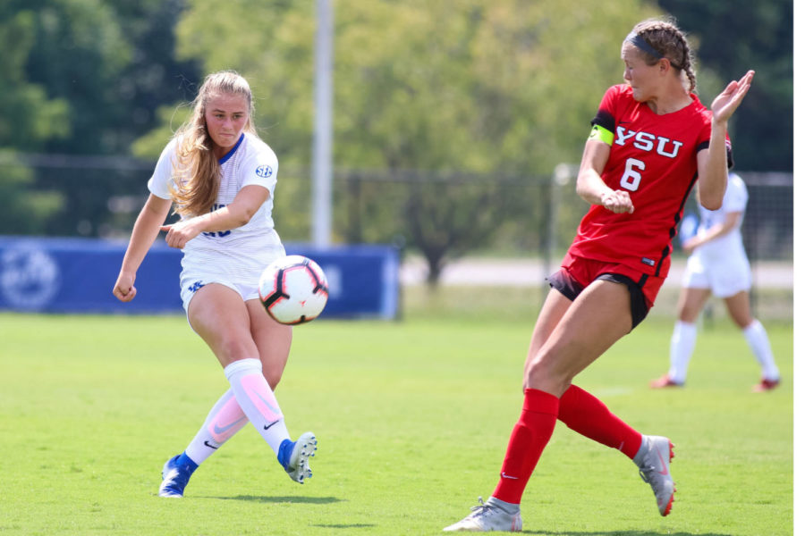 Freshman Jordyn Rhodes takes a shot on goal during the match against Youngstown State on Sunday, September 1, 2019 in Lexington, Ky. Kentucky won 3-0. Photo by Chase Phillips | Staff