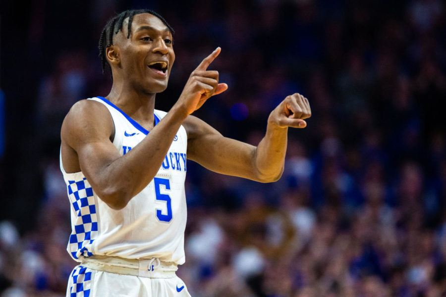Kentucky sophomore guard Immanuel Quickley motions to the crowd during the game against Auburn on Saturday, Feb. 29, 2020, at Rupp Arena in Lexington, Kentucky. Kentucky won 73-66 clinching the SEC regular season title. Photo by Jordan Prather | Staff
