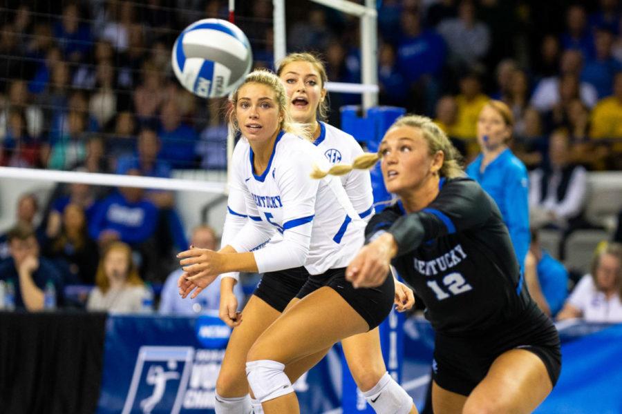 Kentucky+junior+Madison+Lilley+and+sophomore+Lauren+Tharp+look+on+as+junior+Gabby+Curry+dives+for+a+ball+during+the+second+round+game+of+the+DI+NCAA+Volleyball+Tournament+against+Michigan+on+Saturday%2C+Dec.+7%2C+2019%2C+at+Memorial+Coliseum+in+Lexington%2C+Kentucky.+Kentucky+won+3-0.+Photo+by+Jordan+Prather+%7C+Staff