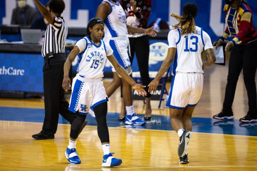 Kentuckys Chasity Patterson high fives Jazmine Massengil during the University of Kentucky vs. Wofford womens basketball game on Saturday, Dec. 19, 2020, at Memorial Coliseum in Lexington, Kentucky. UK won 98-37 Photo by Michael Clubb | Staff.