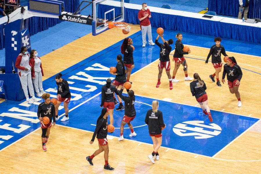 The Alabama team warms up before the University of Kentucky vs. Alabama womens basketball game on Thursday, Jan. 28, 2021, at Rupp Arena in Lexington, Kentucky. Kentucky won 81-68. Photo by Jack Weaver | Staff
